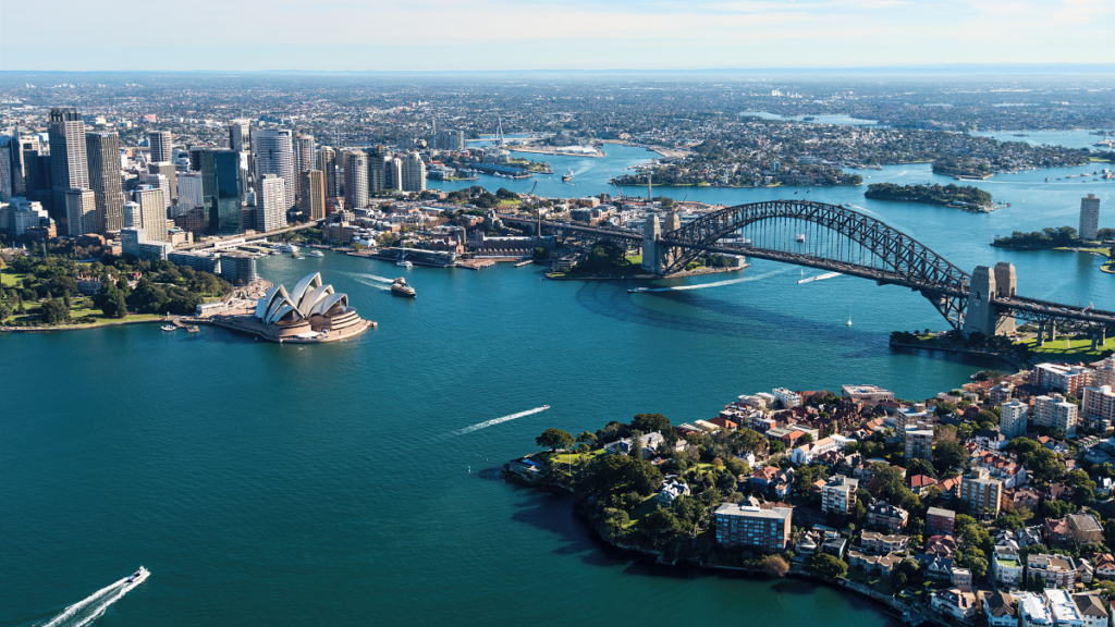 Overhead view of Sydney Harbour in Sydney, Australia