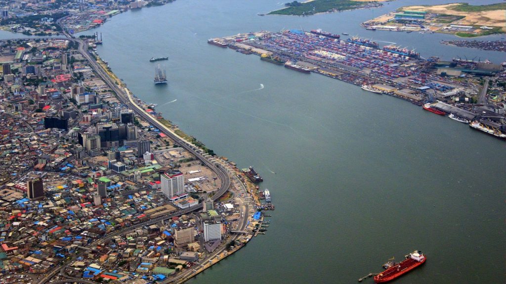 Overhead shot of Lagos Island, Victoria Island and Port of Lagos (Apapa Port, container terminal) in Nigeria